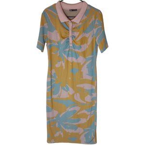 Zara Dress Jacquard Midi Yellow Pastel Polo Floral Colorful Collared Size Large